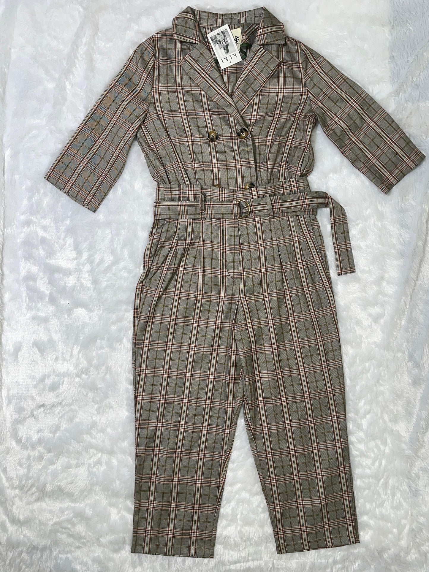 Rustic Grid Belted Jumpsuit