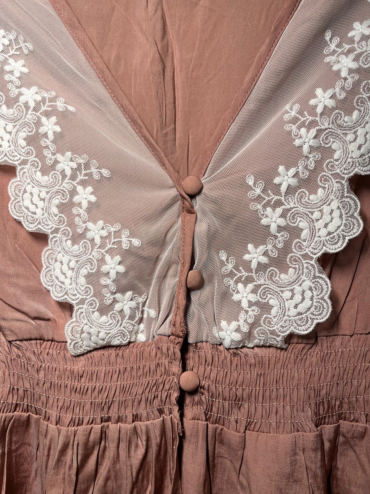 Dusty Rose Satin Top with White Floral Lace Trim