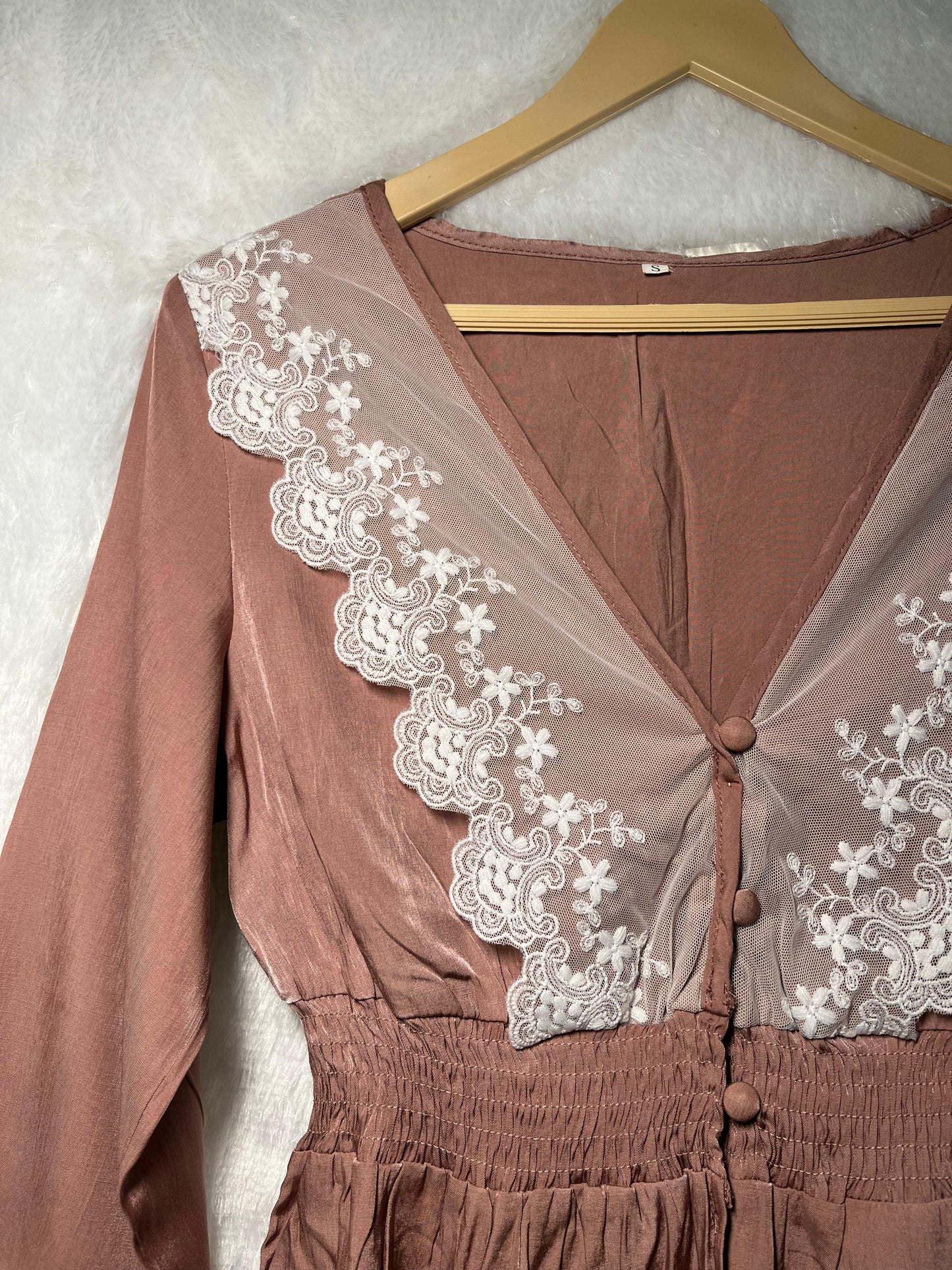 Dusty Rose Satin Top with White Floral Lace Trim
