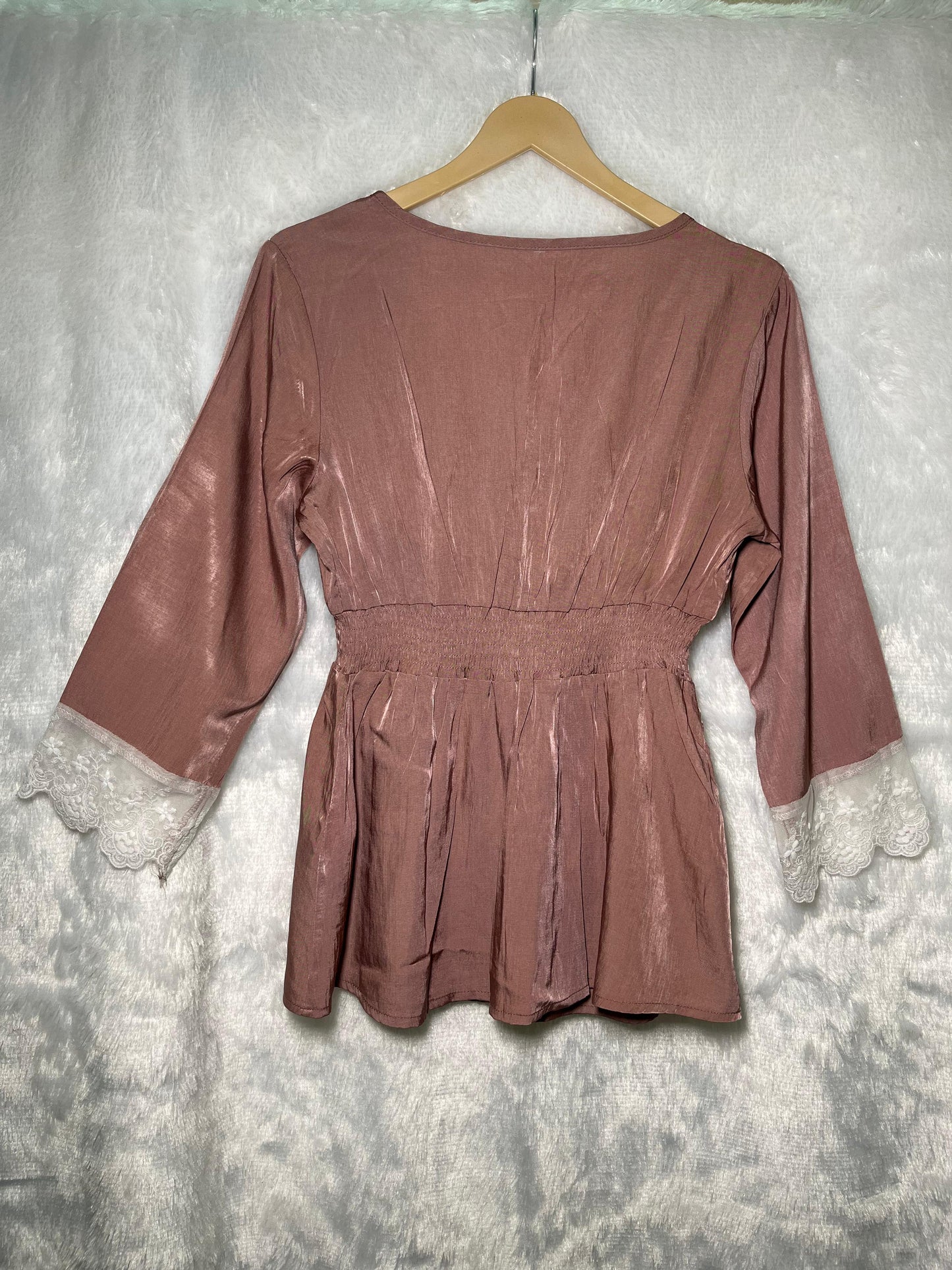Dusty Rose Satin Top with White Floral Lace Trim