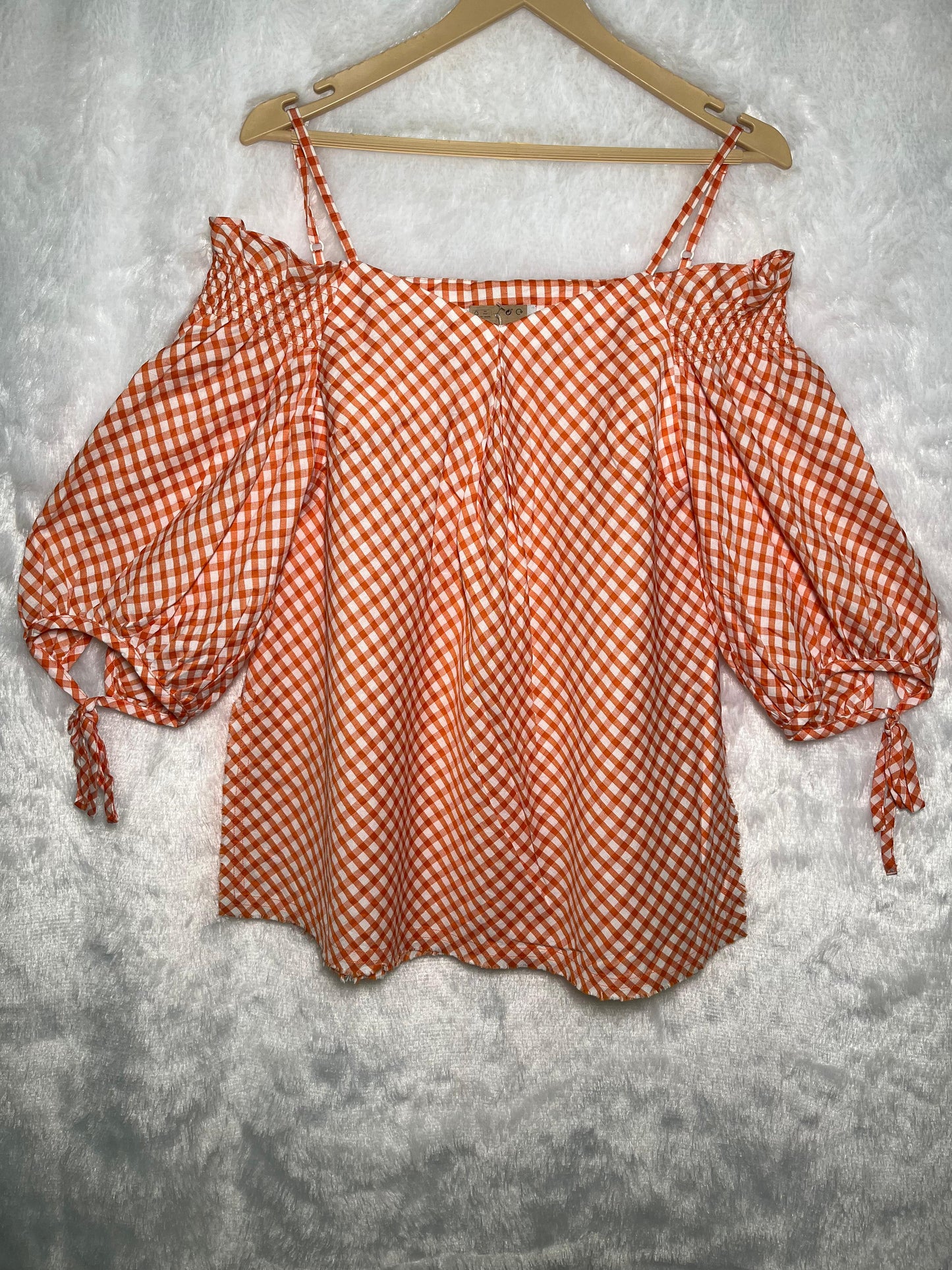 Citrus Checks Cold-Shoulder Blouse
