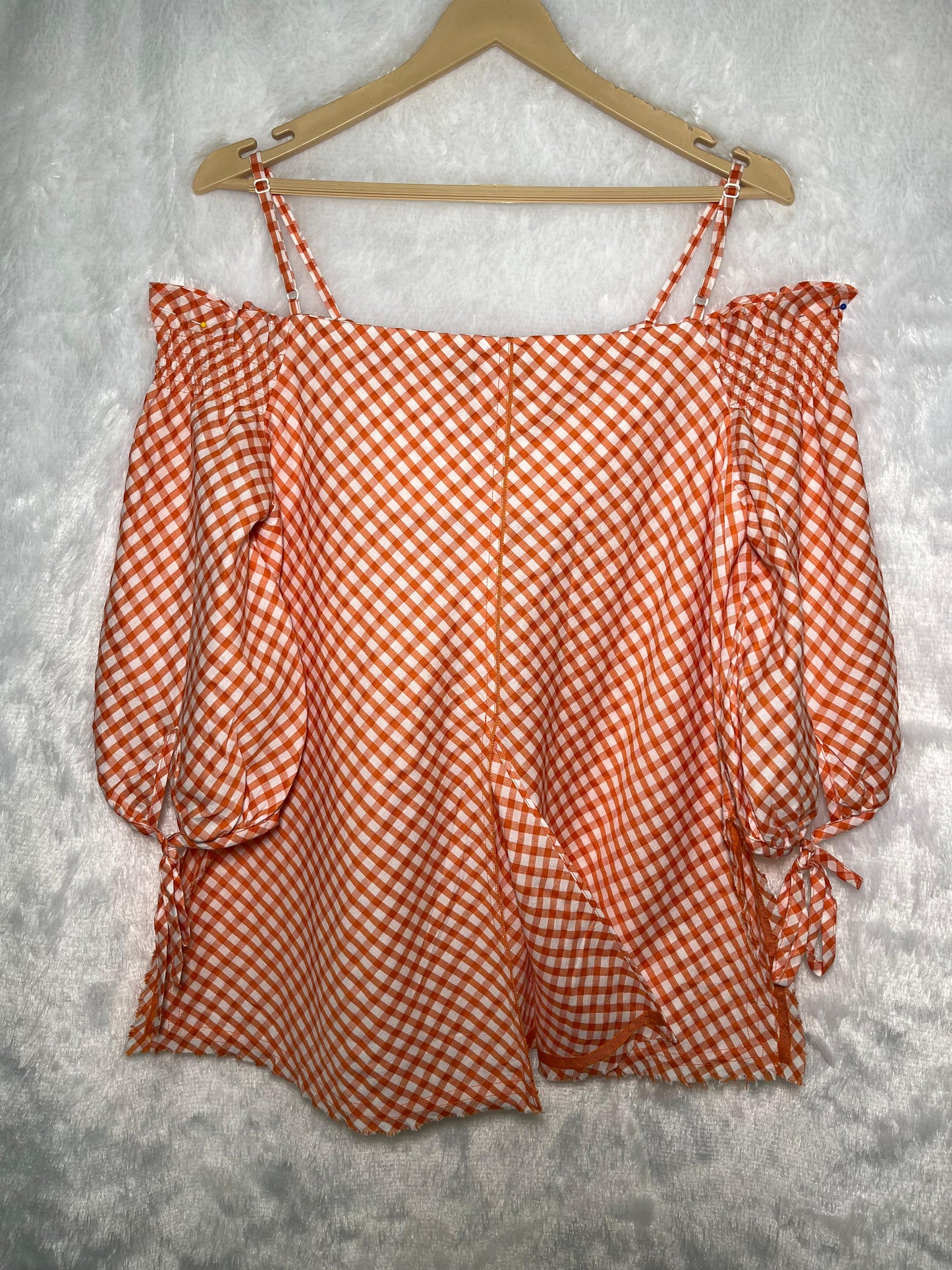 Citrus Checks Cold-Shoulder Blouse