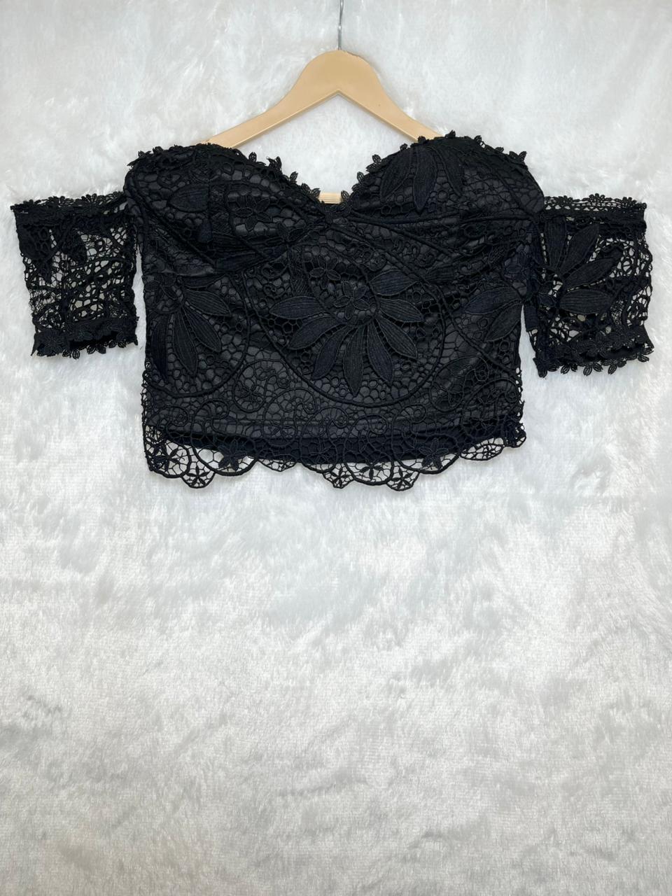 Black Padded Crochet Net Top