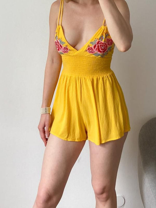 Forever 21 Yellow Garden Stitch Playsuit