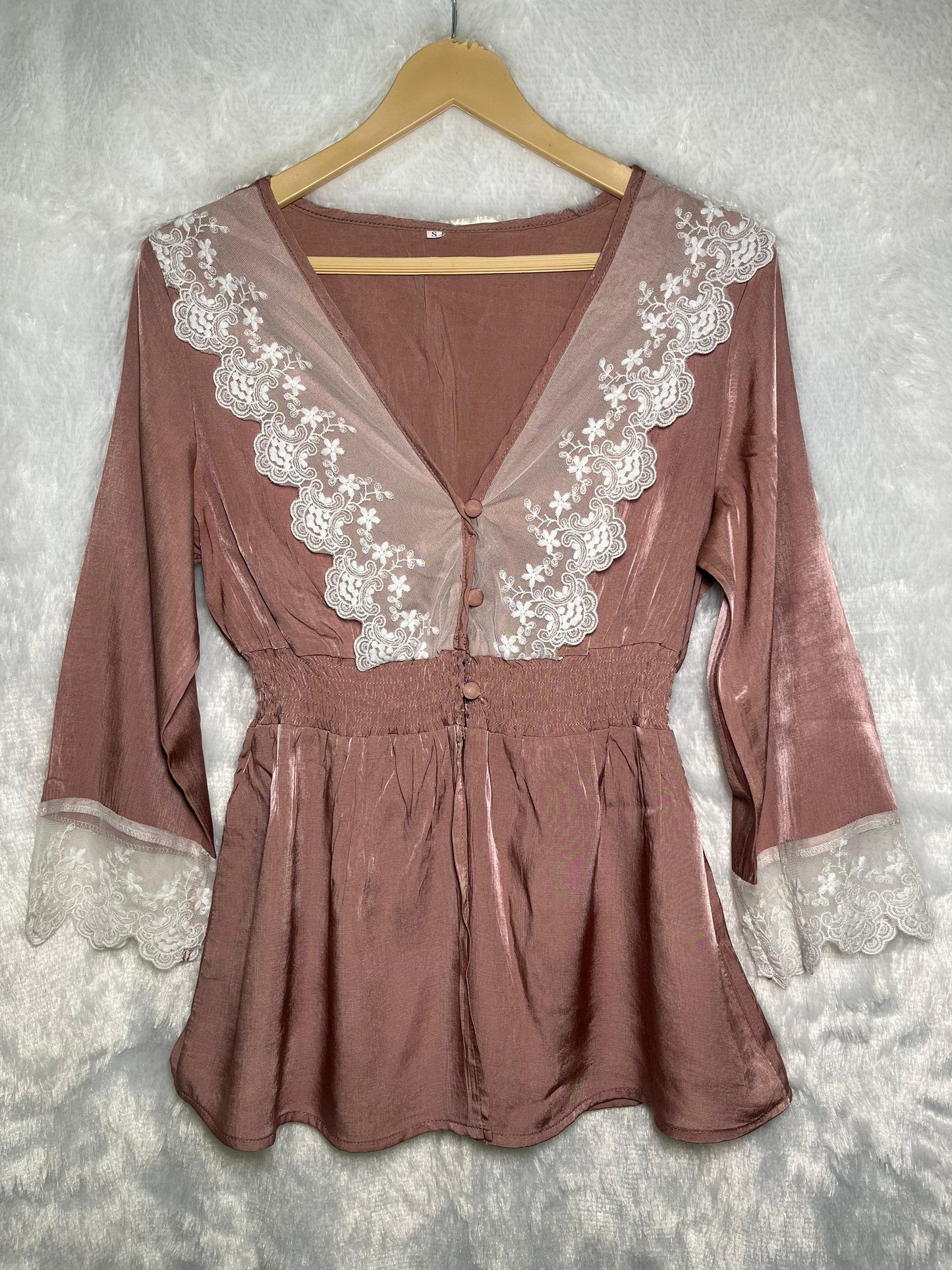Dusty Rose Satin Top with White Floral Lace Trim