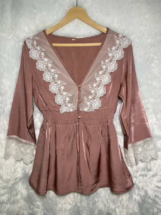 Dusty Rose Satin Top with White Floral Lace Trim