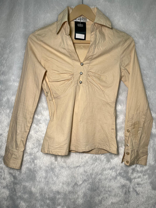 Beige Ruched Button-Front Top