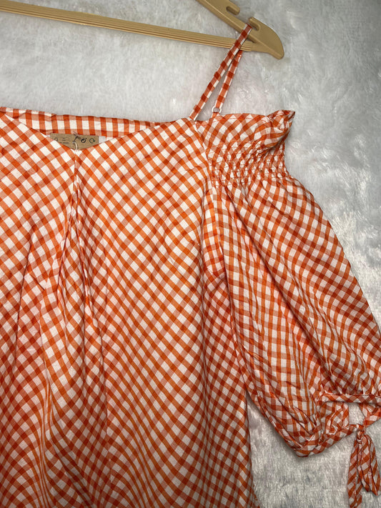 Citrus Checks Cold-Shoulder Blouse