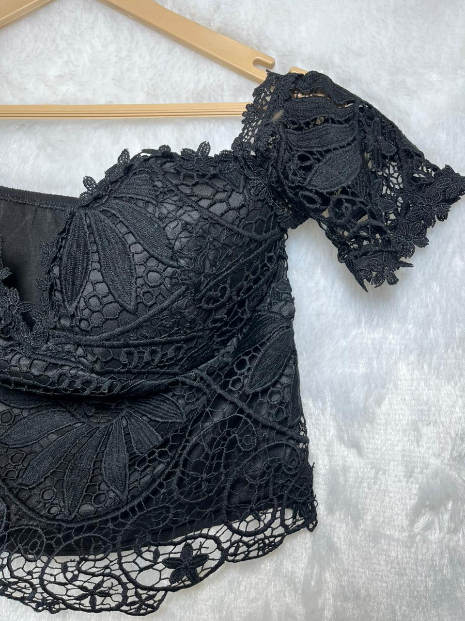Black Padded Crochet Net Top