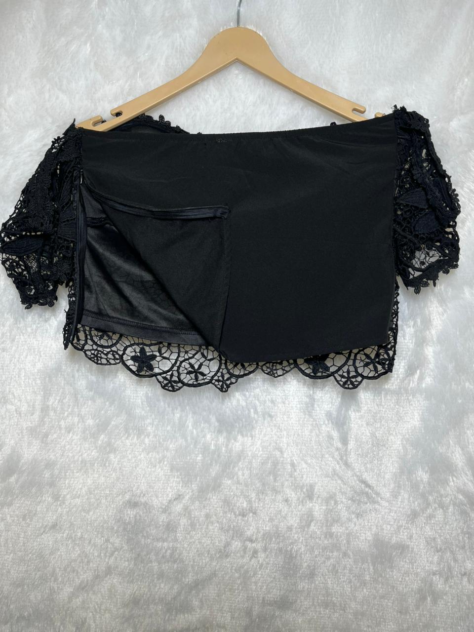 Black Padded Crochet Net Top